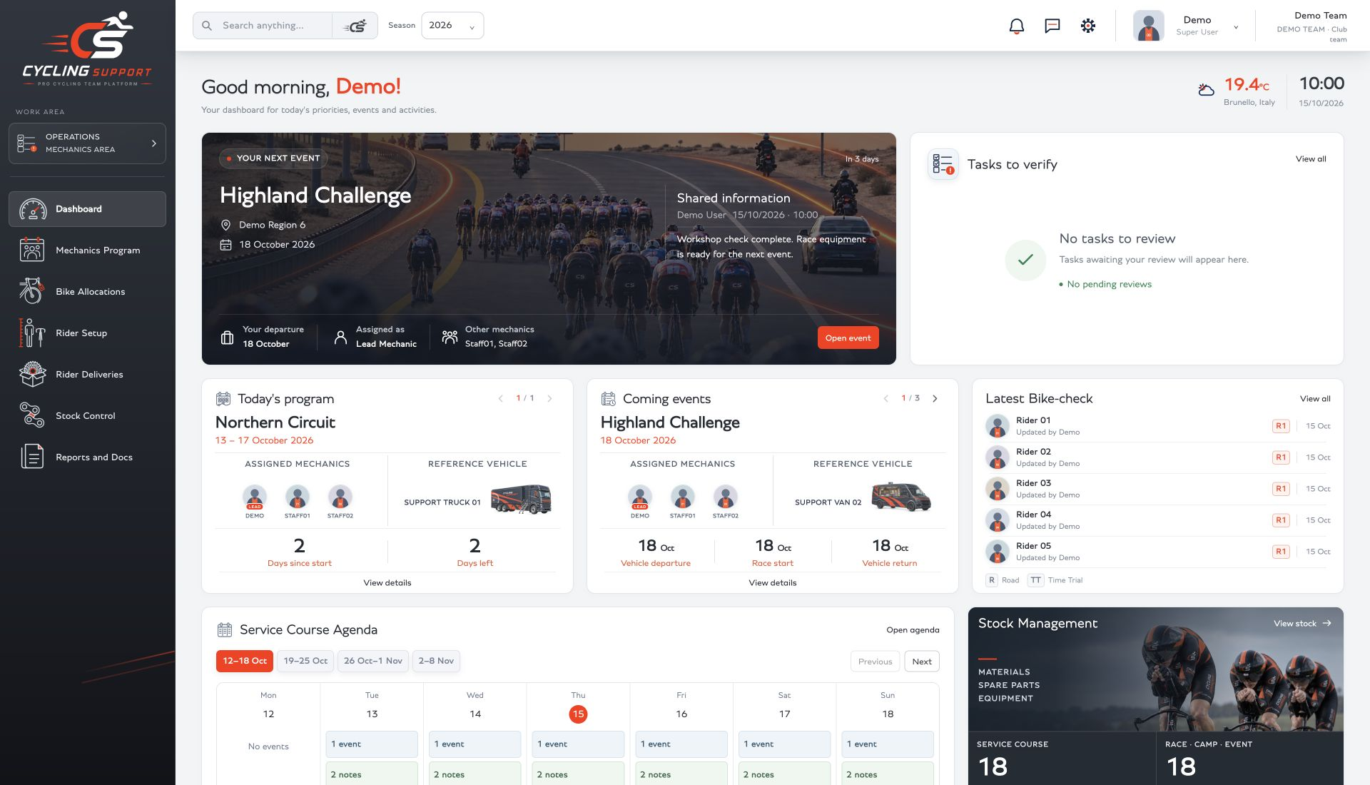 Anonymous Cycling Support Personal Dashboard with upcoming events, assigned staff, an all-clear Tasks to verify status, Latest Bike-check and a populated Service Course Agenda